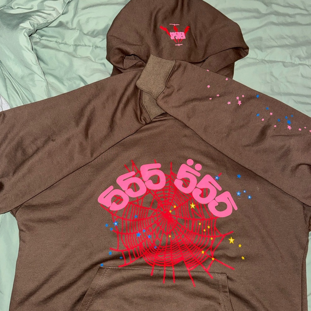 Brown Hoodie with Pink and Blue Graphic